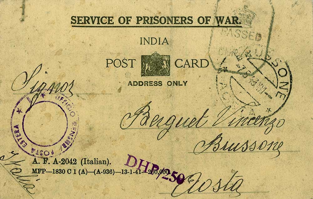 Cartolina britannica distribuita ai prigionieri di guerra e inviata da Francesco Berguet alla famiglia. Collezione Berguet