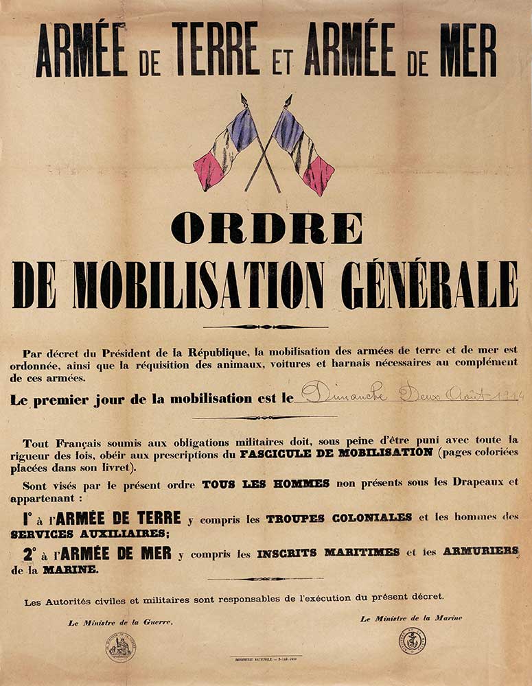 Manifesto francese di mobilitazione generale del 2 agosto 1914. Archives Nationales
