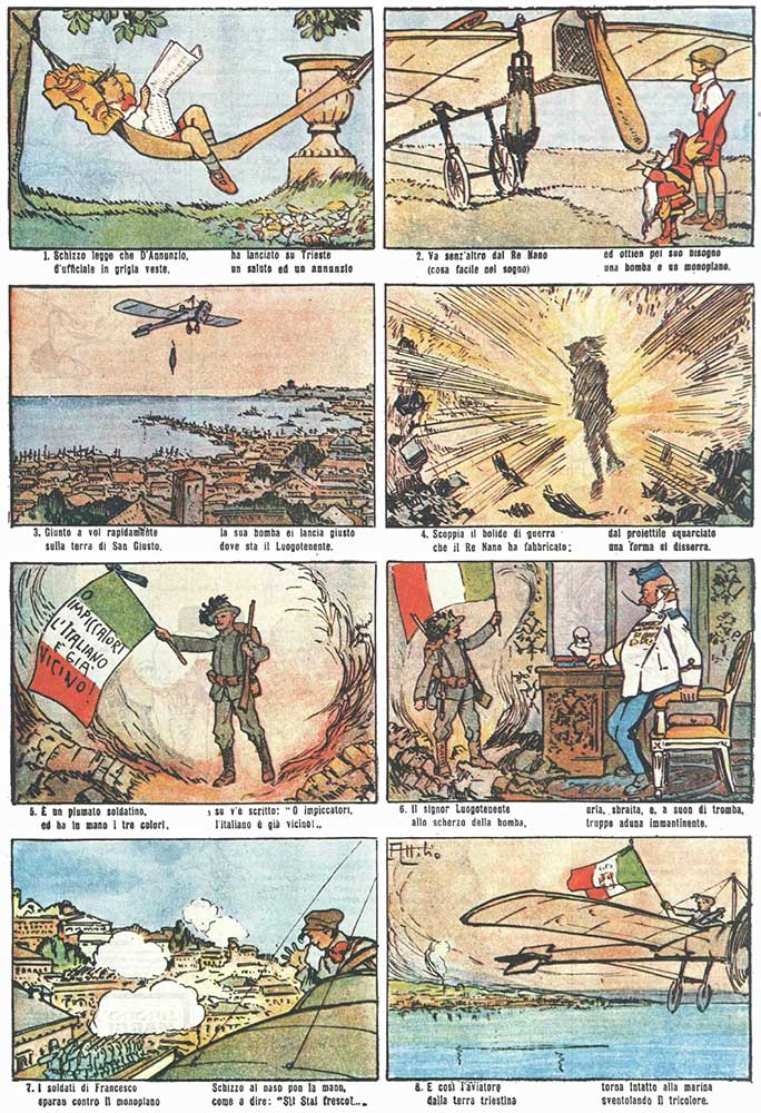 Un'avventura di Schizzo, un personaggio ideato da Attilio Mussino nel settembre 1912 per il «Corriere dei Piccoli», in cui si celebra la distribuzione aerea di manifesti su Trieste da parte di D’Annunzio