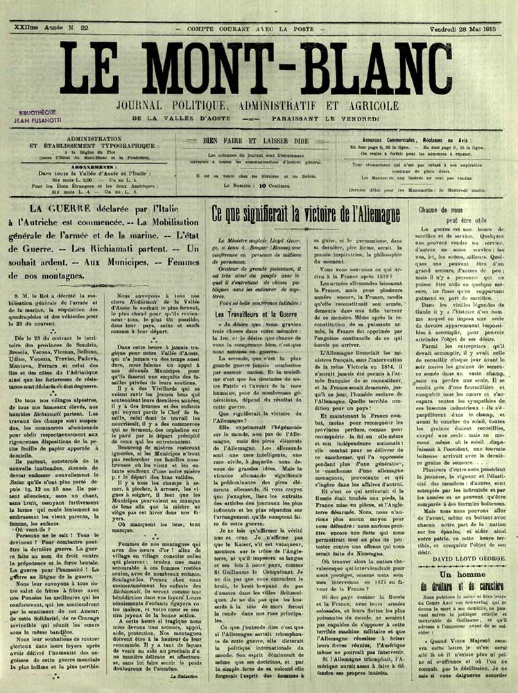 «Le Mont-Blanc» del 28 maggio 1915. Biblioteca Regionale della Valle d'Aosta