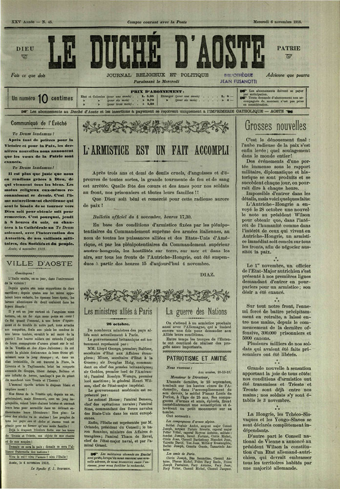 «Le Duché d'Aoste» del 6 novembre 1918. Biblioteca Regionale della Valle d'Aosta