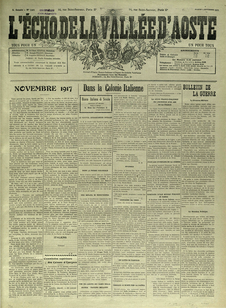 «L'Echo de la Vallée d'Aoste» del 3 novembre 1917. Biblioteca Regionale della Valle d'Aosta